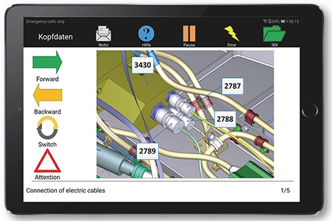 Die neu entwickelte Software übermittelt per Tablet oder Datenbrille Arbeitsanweisungen und 3D-Bilder der Bauteile an die Mechaniker. Zudem können die Mechaniker Rückmeldungen, wie Drehmomente oder andere Messwerte, eingeben oder Störungen an das Produktionssystem melden. 