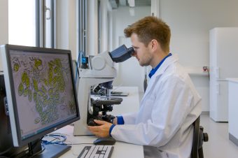 Andreas Apel vom Lehrstuhl für Bioverfahrenstechnik betrachtet Algen unter dem Mikroskop (Foto: Andreas Heddergott/TUM) 