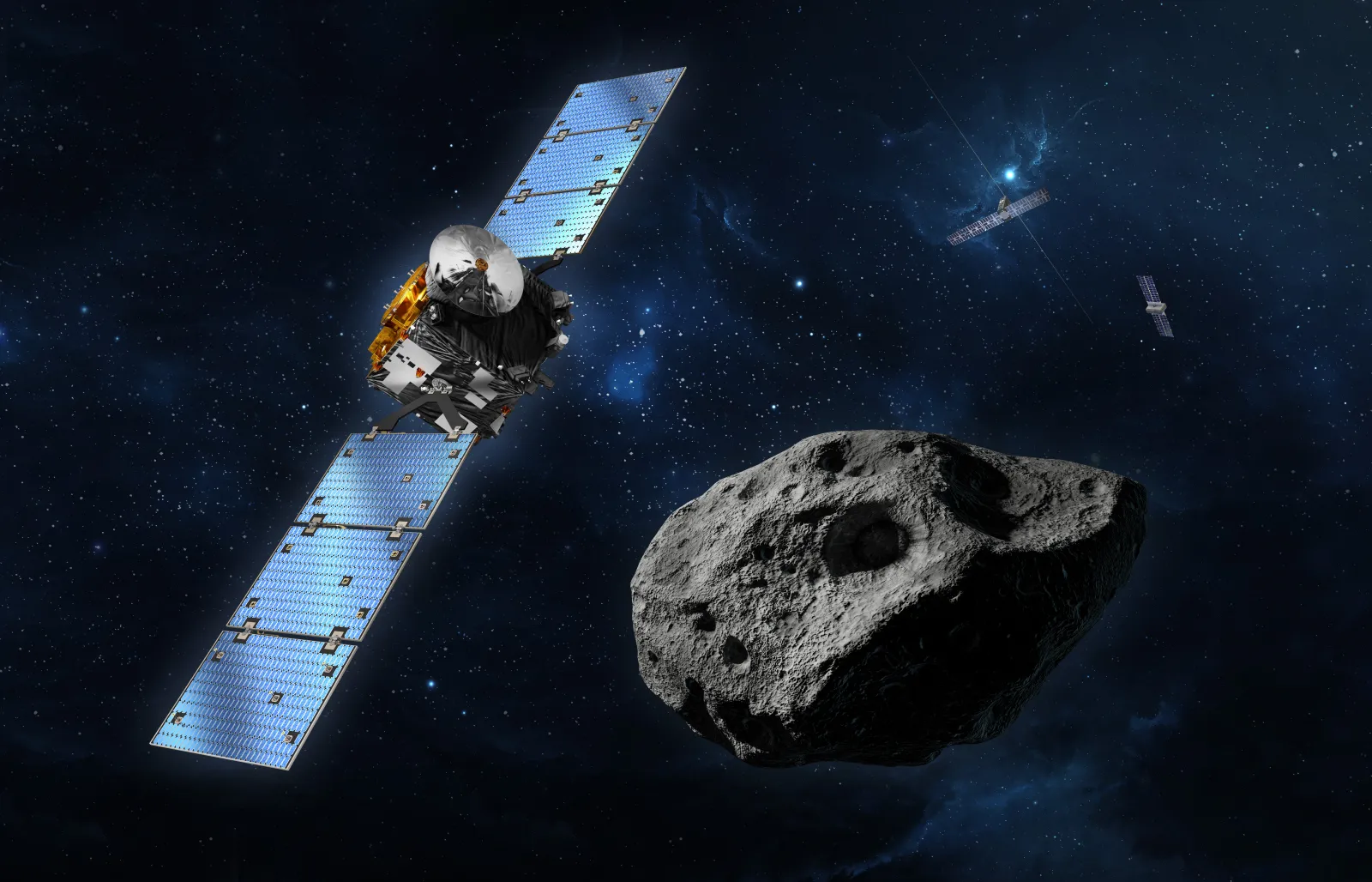 Zum Schutze des Planeten: Die Asteroidensonde Hera untersucht einen Doppel-Asteroiden hier in die Mission in einer künstlerischen Darstellung. 