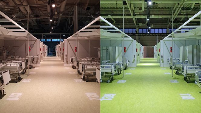 Warm light with a high red component (left) is used for relaxation, while cooler light with a high blue content (right) supports alertness for patients and employees. Warm light with a high red component (left) is used for relaxation, while cooler light with a high blue content (right) supports alertness for patients and employees.