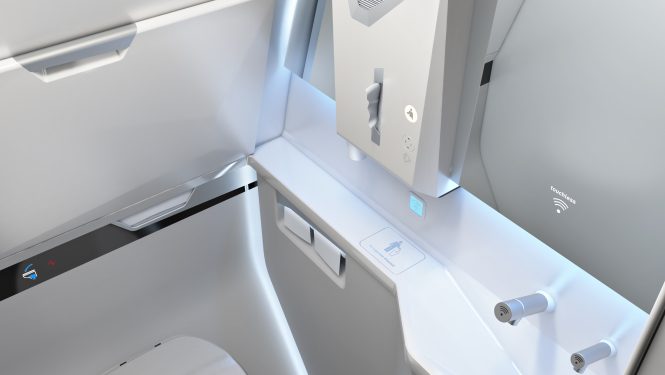 In der berührungsfreien Bordtoilette von Diehl Aviation muss kein einziger Schalter oder Hebel berührt werden. In der berührungsfreien Bordtoilette von Diehl Aviation muss kein einziger Schalter oder Hebel berührt werden.
