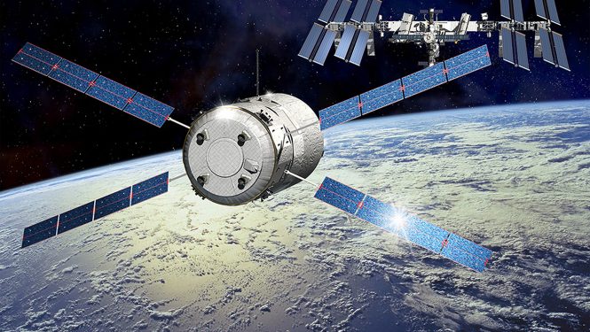 Der europäische Raumfrachter ATV-5 bringt im August 2014 2600kg Nachschub zur Internationalen Raumstation. Copyright: ESA-Illustration–D. Ducros, 2014 Der europäische Raumfrachter ATV-5 bringt im August 2014 2600kg Nachschub zur Internationalen Raumstation. Copyright: ESA-Illustration–D. Ducros, 2014
