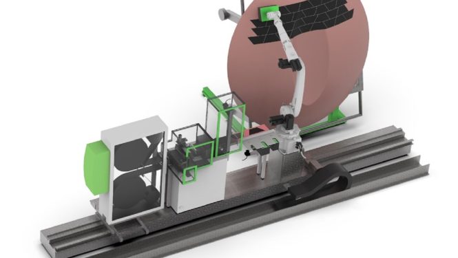 Mit der Fiber Patch Placement (FPP) Technologie von Cevotec können kleinere und komplexe Bauteile per Roboter aus Karbonfaser hergestellt werden Mit der Fiber Patch Placement (FPP) Technologie von Cevotec können kleinere und komplexe Bauteile per Roboter aus Karbonfaser hergestellt werden