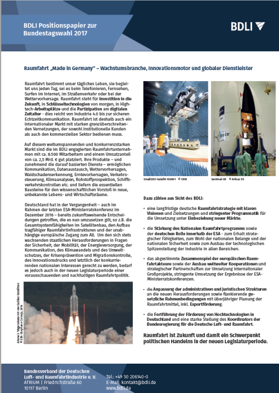 Raumfahrt „Made in Germany“ – Wachstumsbranche, Innovationsmotor und globaler Dienstleister Raumfahrt „Made in Germany“ – Wachstumsbranche, Innovationsmotor und globaler Dienstleister