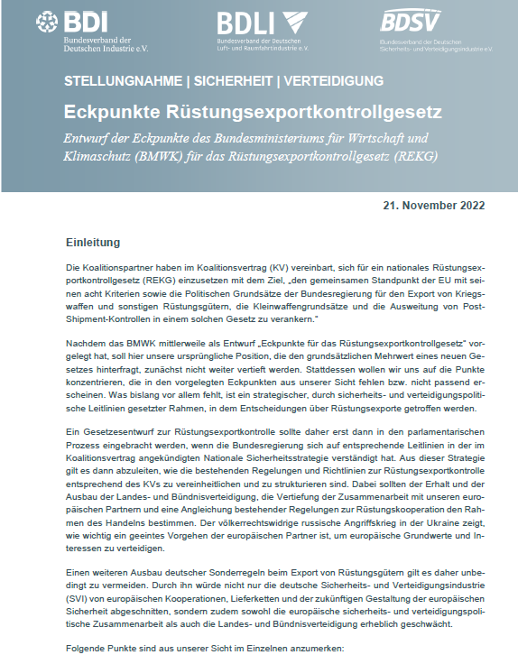 Stellungnahme Eckpunkteentwurf für ein Rüstungsexportkontrollgesetz: BDI, BDSV, BDLI Stellungnahme Eckpunkteentwurf für ein Rüstungsexportkontrollgesetz: BDI, BDSV, BDLI