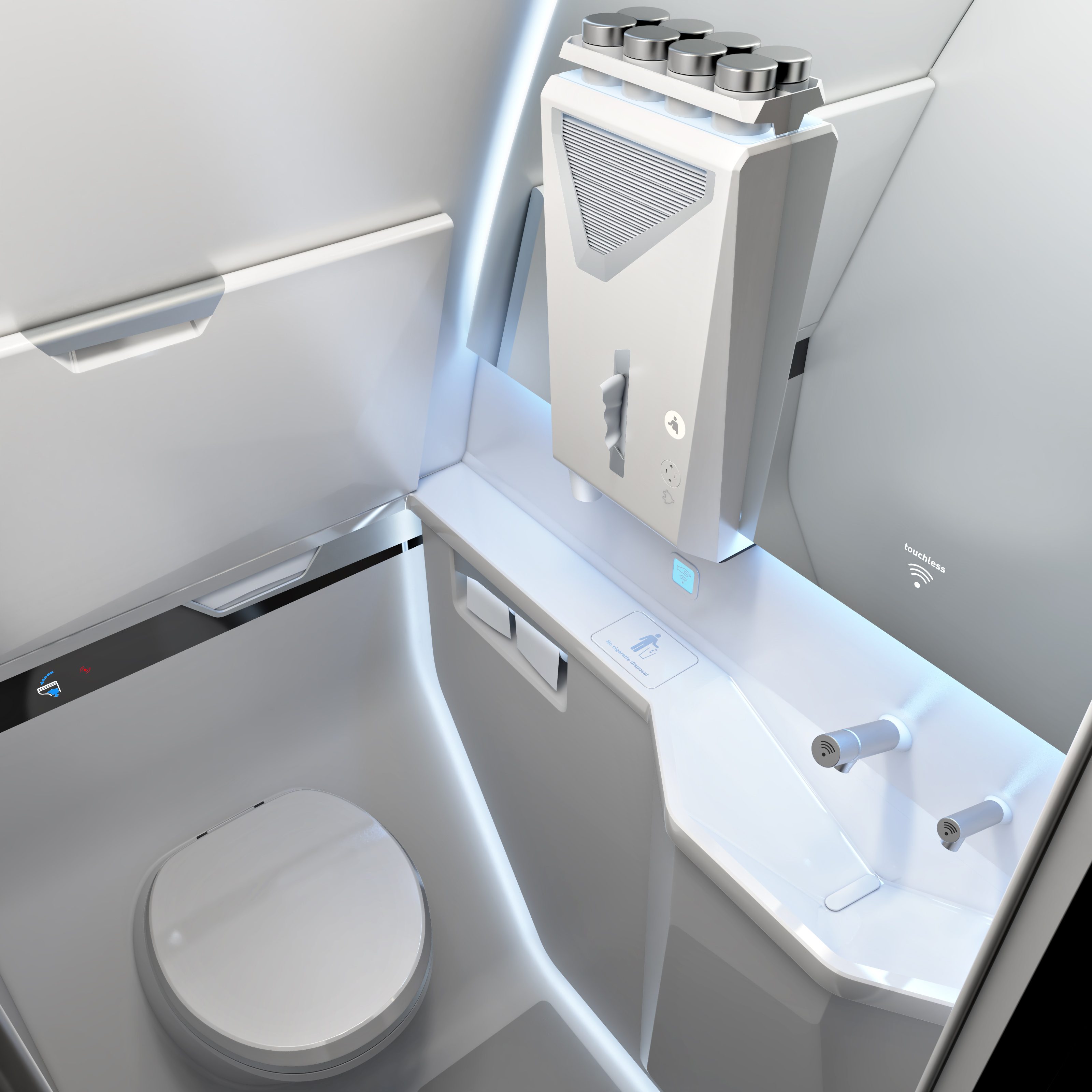 In der berührungsfreien Bordtoilette von Diehl Aviation muss kein einziger Schalter oder Hebel berührt werden.